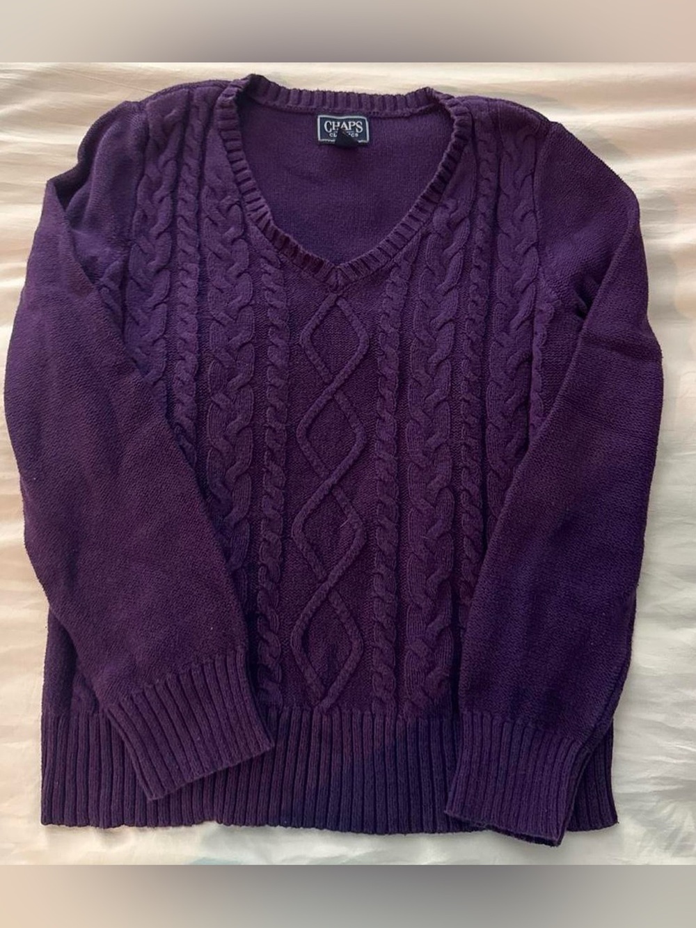 Chaps Deep Purple Cable V-Neck Sweater